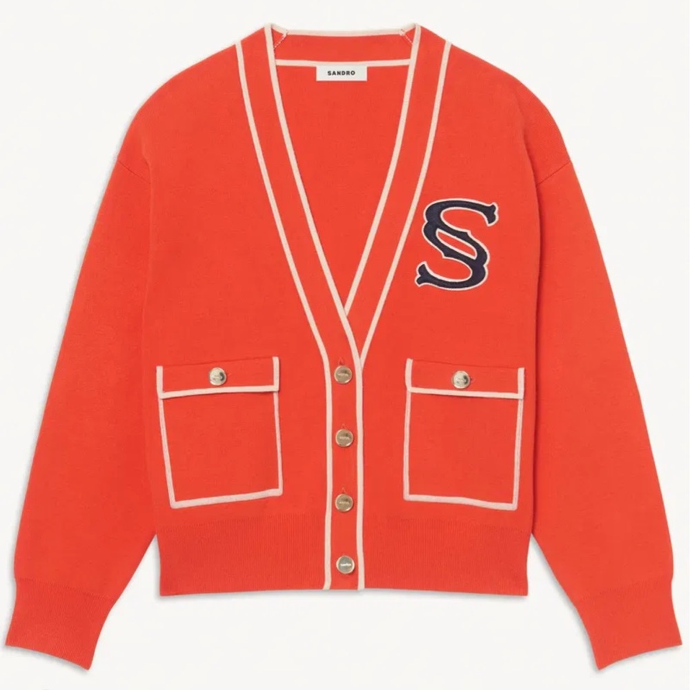 Sandro Vibrant Red Cardigan with Initial Patch